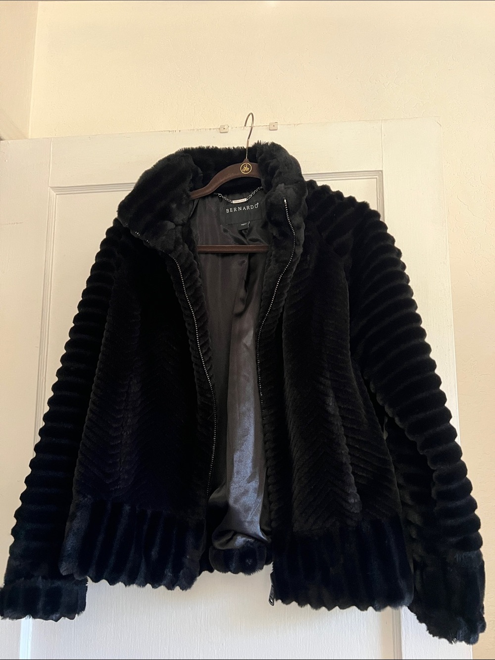 Bernardo Black Plush Faux-Fur Zip-Up Jacket